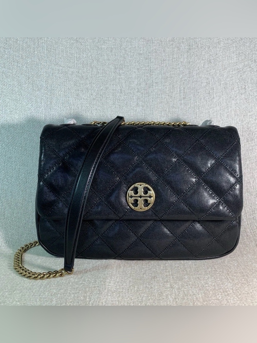 Tory Burch Black Quilted Leather Clutch with Gold Logo Medallion